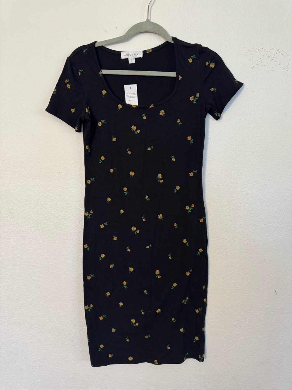 Amour Vert Black Mini Dress with Yellow Floral Print